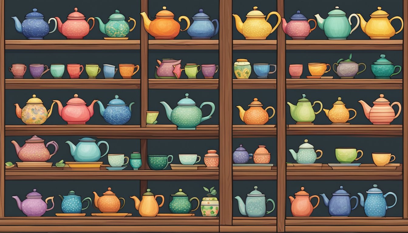 A cozy tea shop in Singapore displays an array of colorful teapots on wooden shelves. Customers browse and compare the sizes and designs, seeking the perfect one to take home