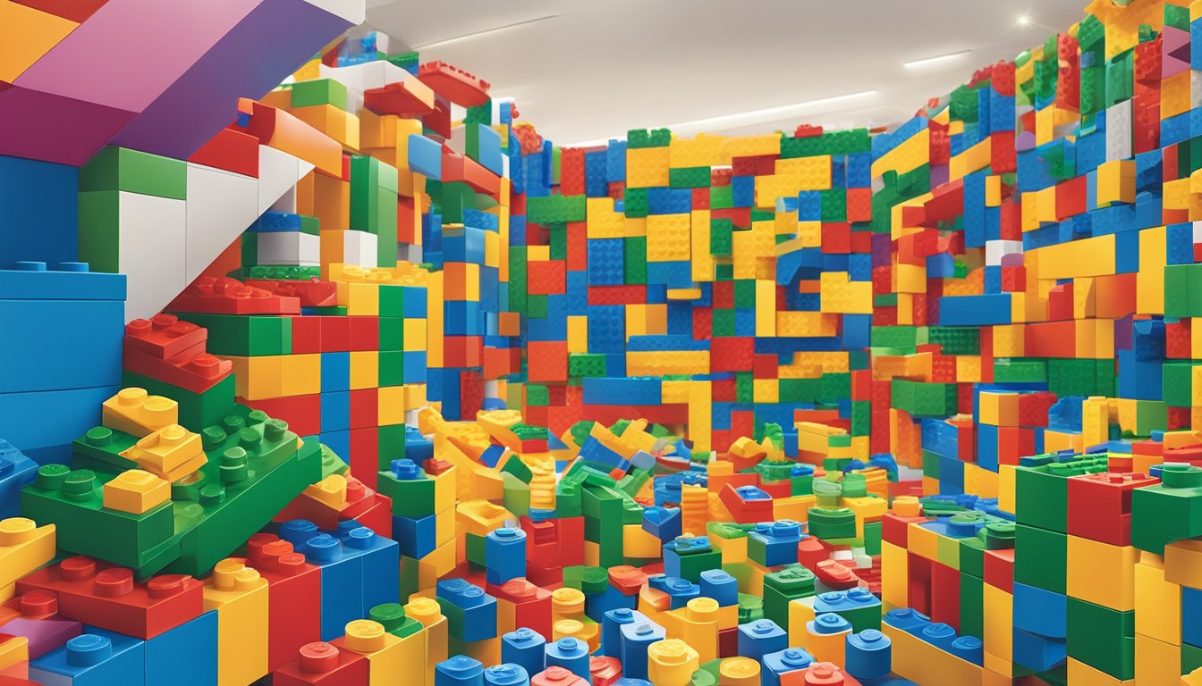 A hand reaches for a box of colorful Lego bricks in a Singapore store