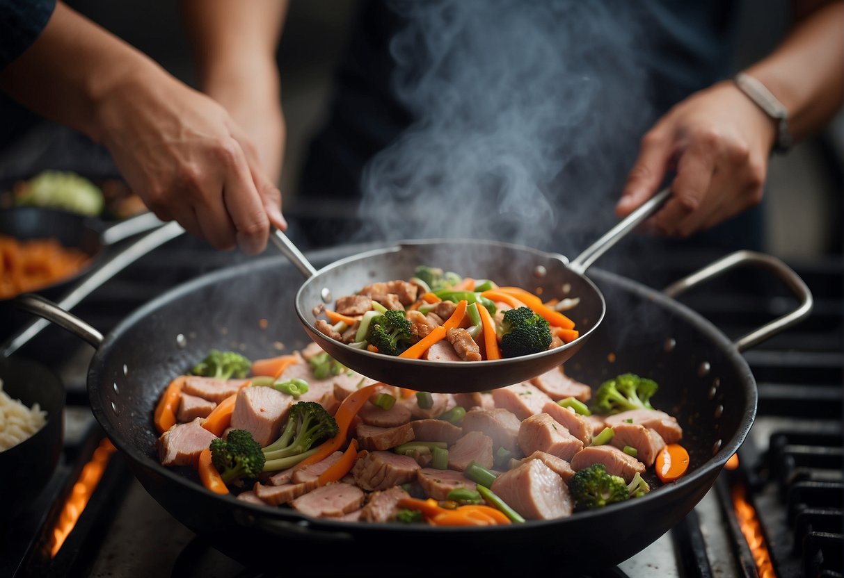 A sizzling wok cooks tender pork slices with aromatic Chinese spices and vegetables