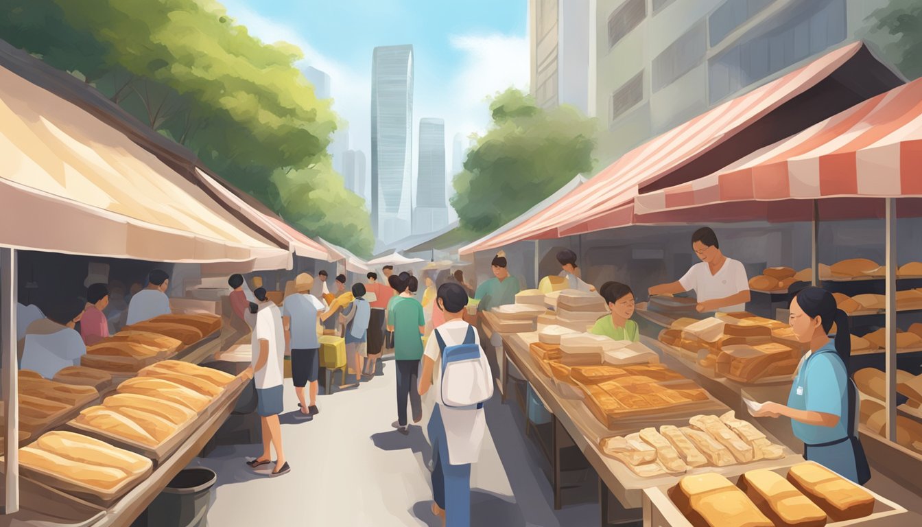 A bustling Singaporean market stall sells thick toast bread