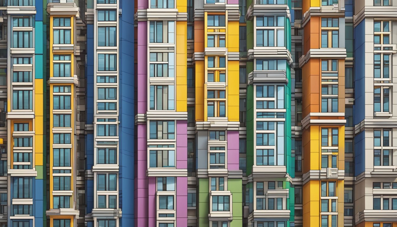 A tall building made of LEGO bricks, with colorful windows and intricate details. Buy LEGO bricks in Singapore