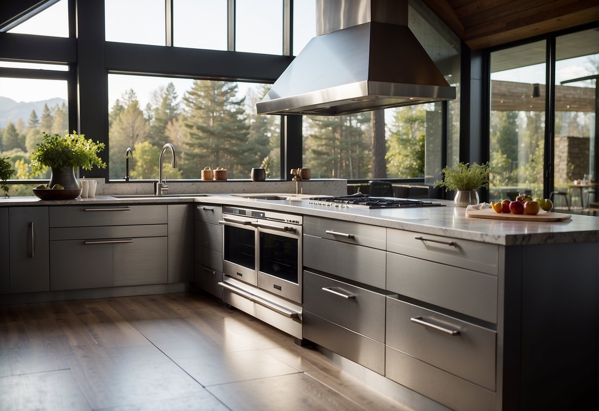 A sleek outdoor kitchen with stainless steel appliances and granite countertops next to a cozy indoor kitchen with modern cabinetry and a stylish island