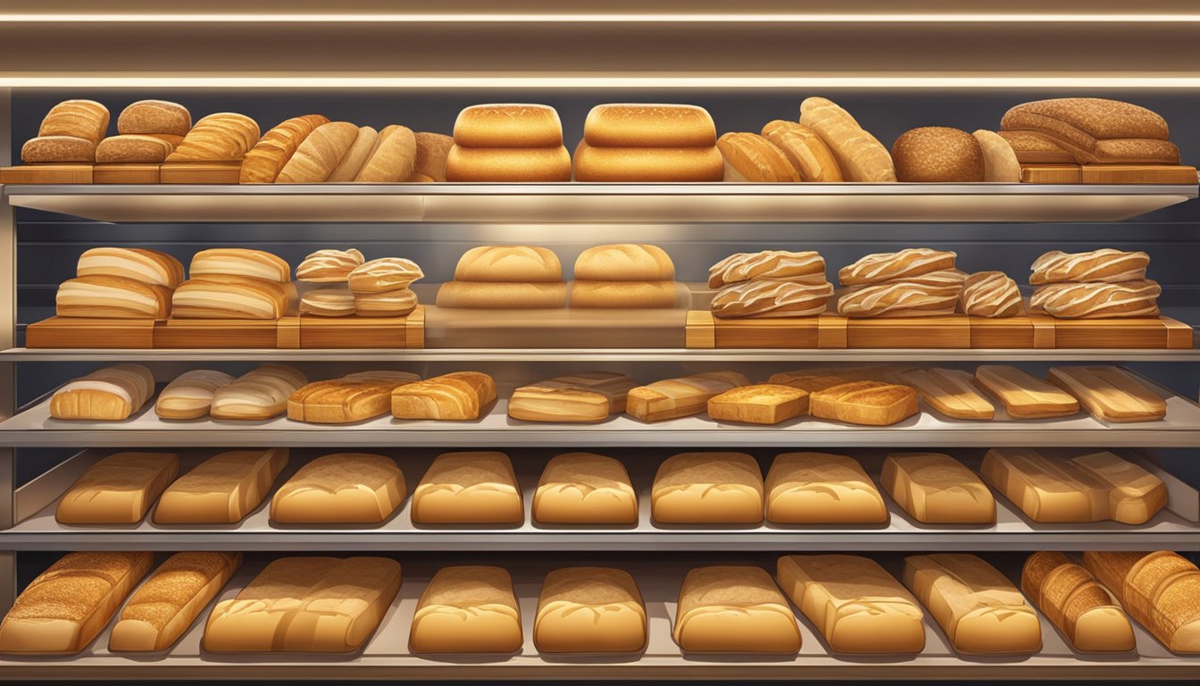 A bustling bakery display showcases rows of golden, thick toast bread loaves in Singapore. Shelves are lined with neatly stacked packages, enticing customers with the promise of hearty, satisfying slices