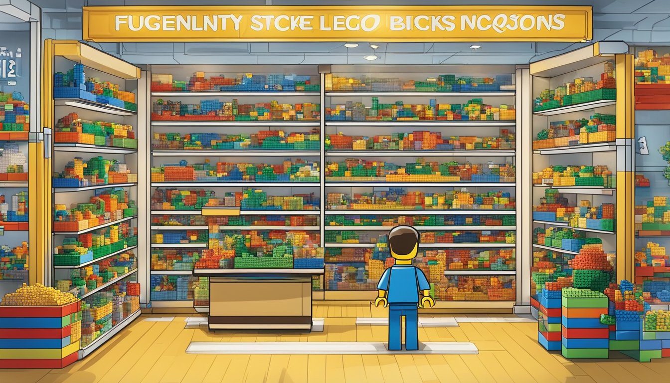 A colorful display of various Lego bricks and sets, with a sign reading "Frequently Asked Questions buy lego bricks singapore" in a bustling toy store