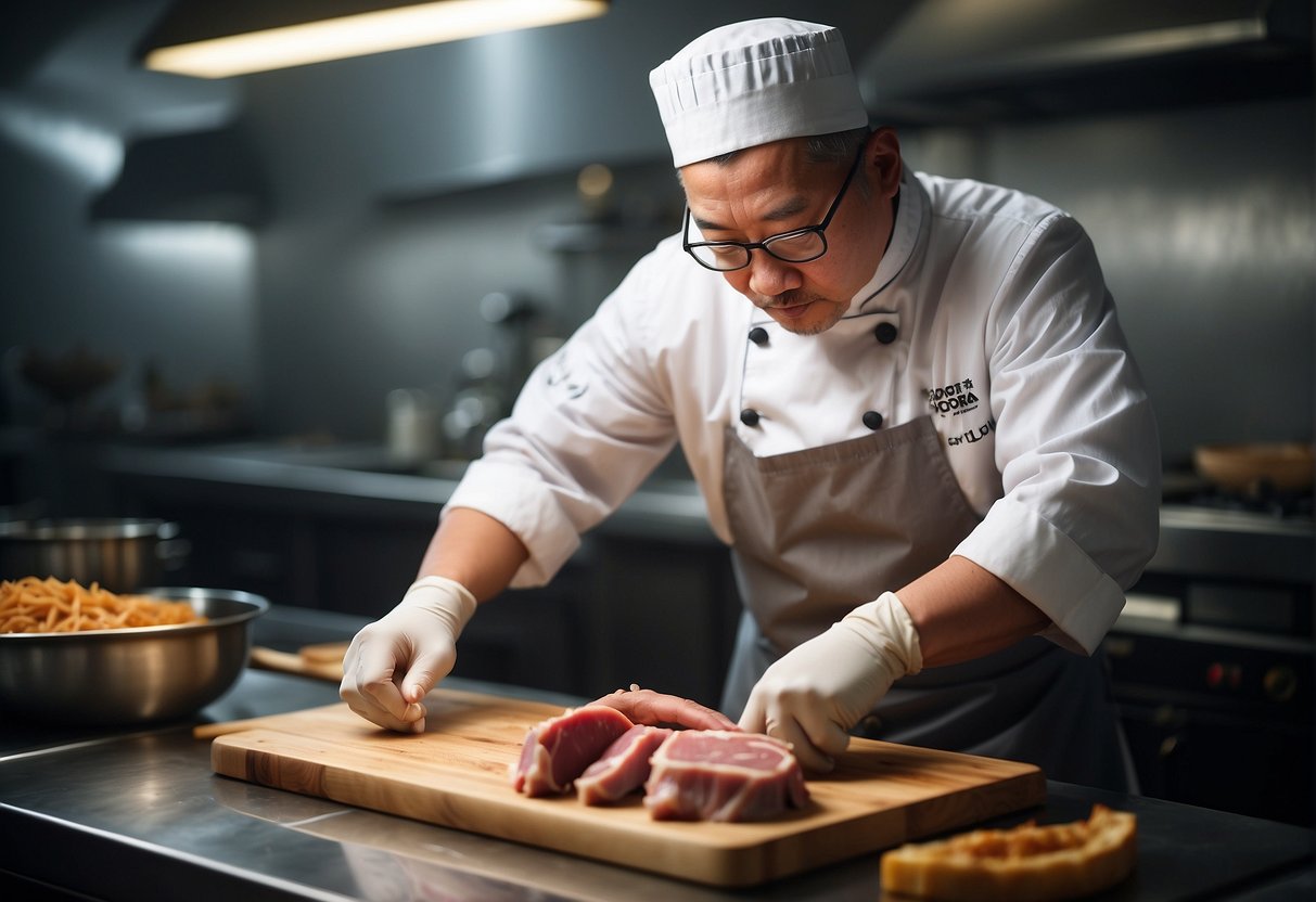 A chef slicing lean pork for a traditional Chinese recipe