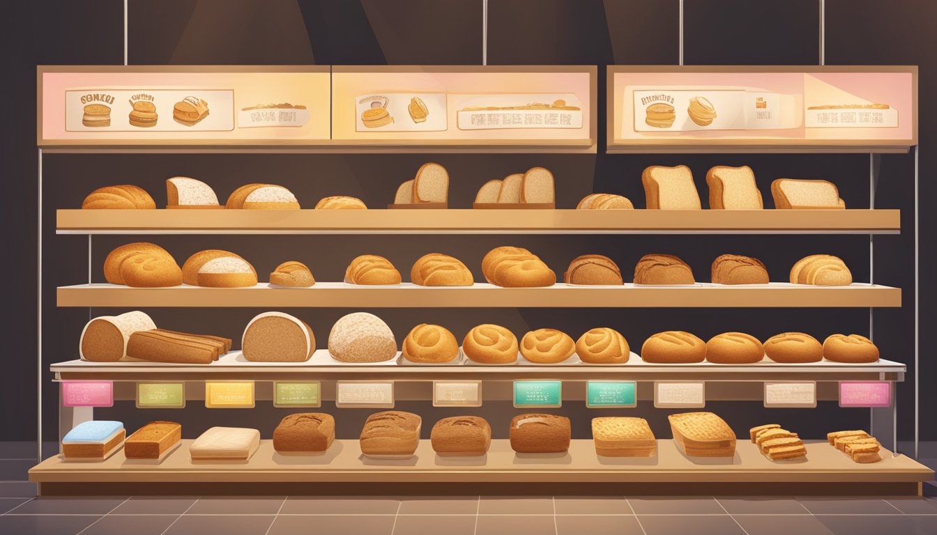A display of various thick toast bread options in a Singaporean bakery, with colorful signage and inviting lighting