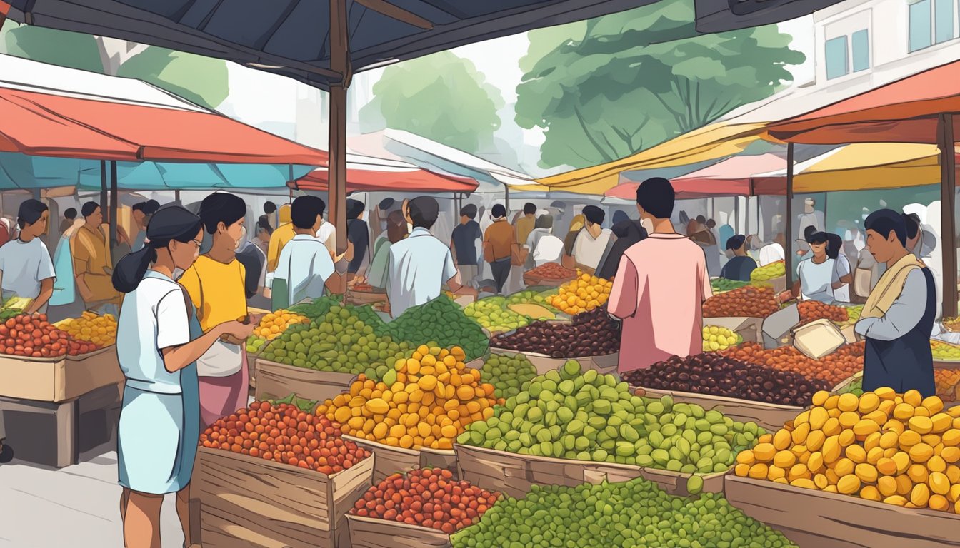 A bustling marketplace with colorful stalls displaying fresh dates in Singapore. Customers eagerly selecting and purchasing the sweet, ripe fruit