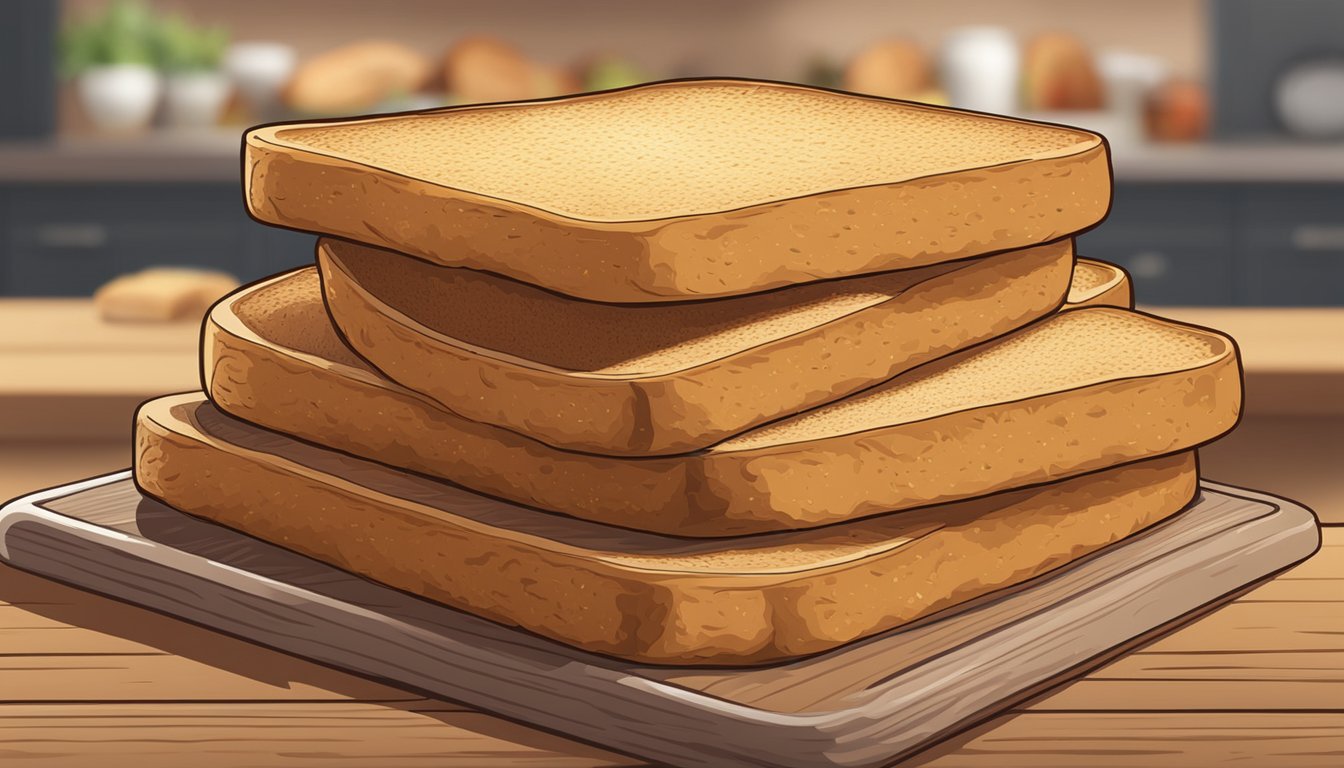 A stack of thick toast bread sits on a wooden table, with a sign reading "Frequently Asked Questions: where to buy thick toast bread in Singapore."