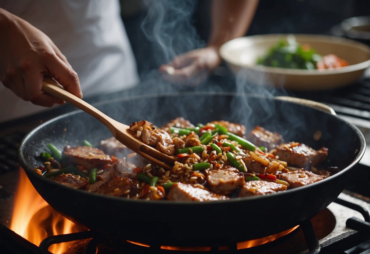 Sizzling wok cooks lean pork with aromatic Chinese spices for popular dishes