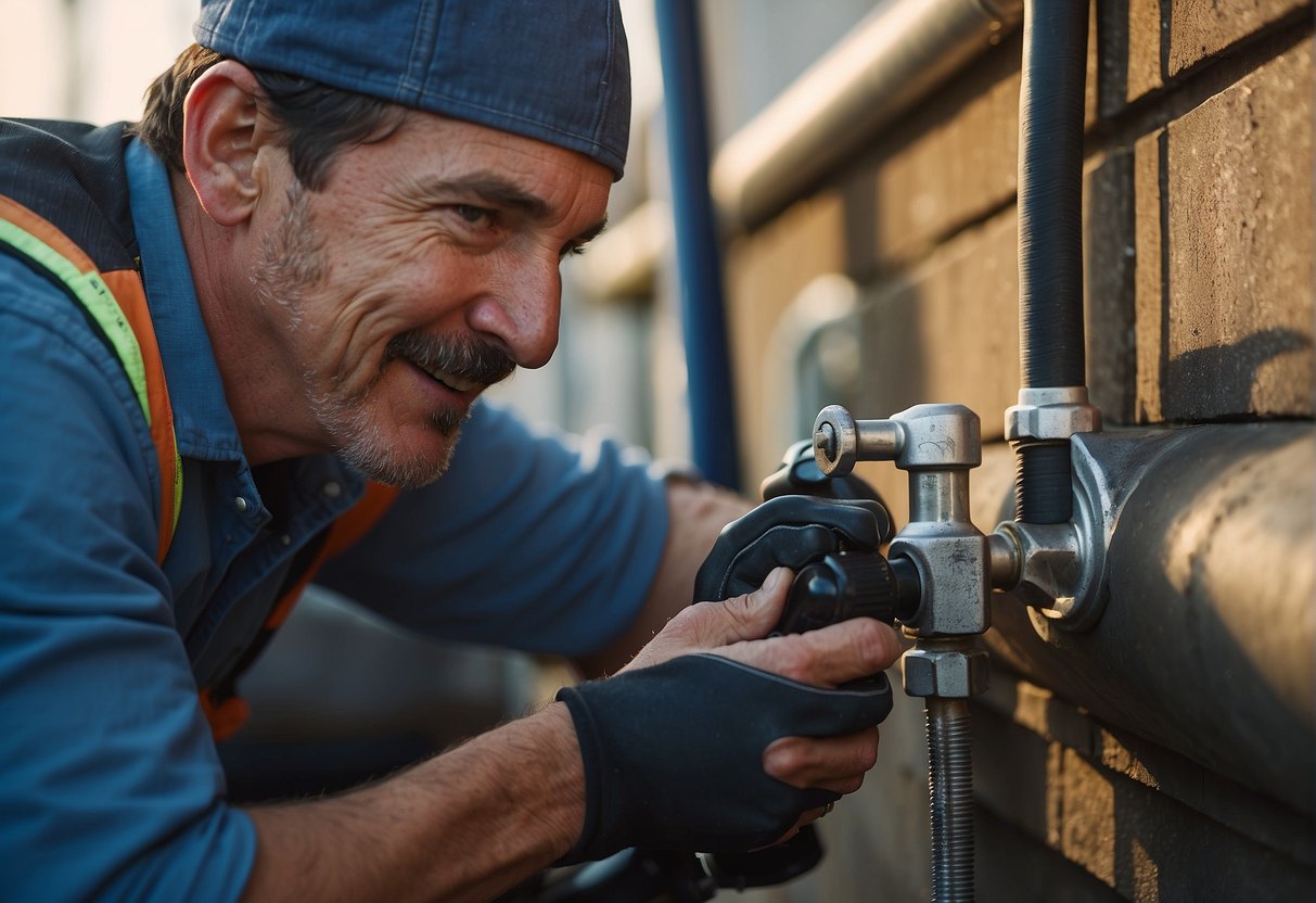 A plumber replacing an outdoor spigot with a wrench and new pipe