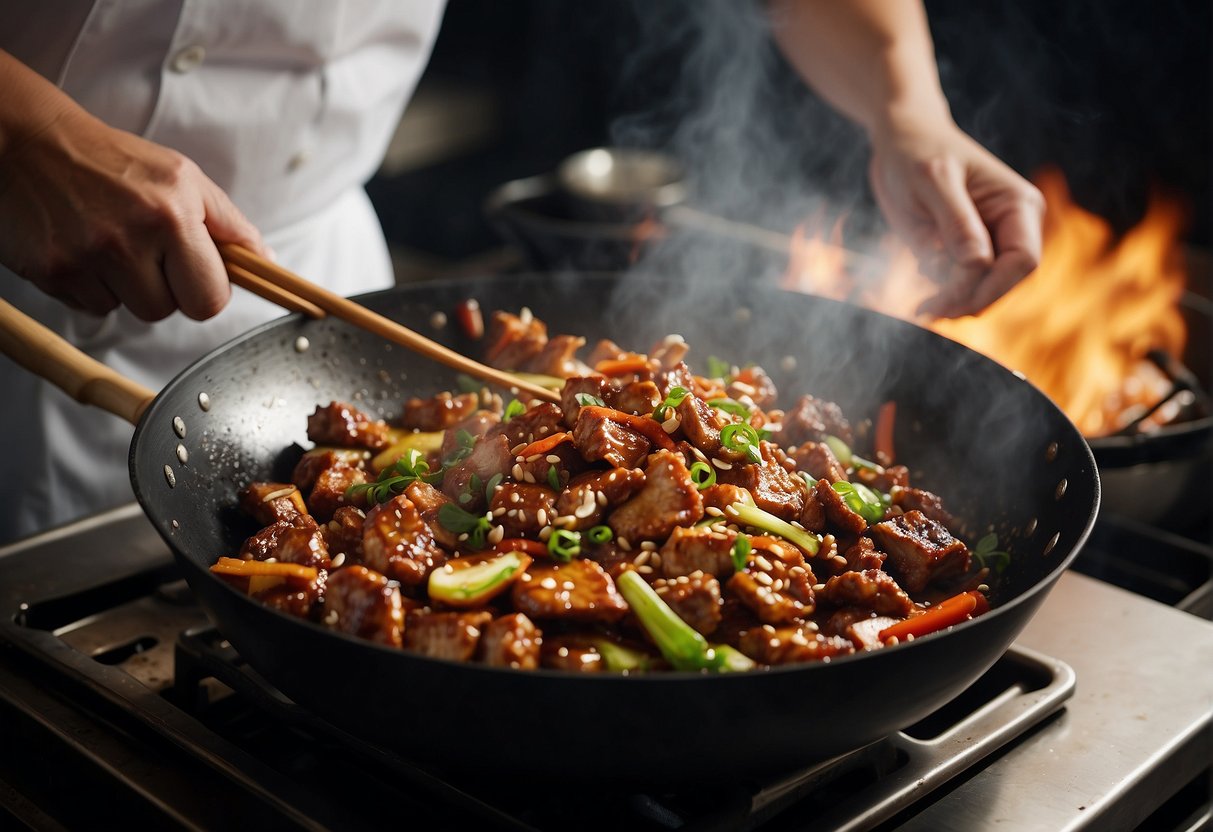 Sizzling pork stir-frying in a wok with aromatic Chinese spices. A chef's hand sprinkles soy sauce over the sizzling meat
