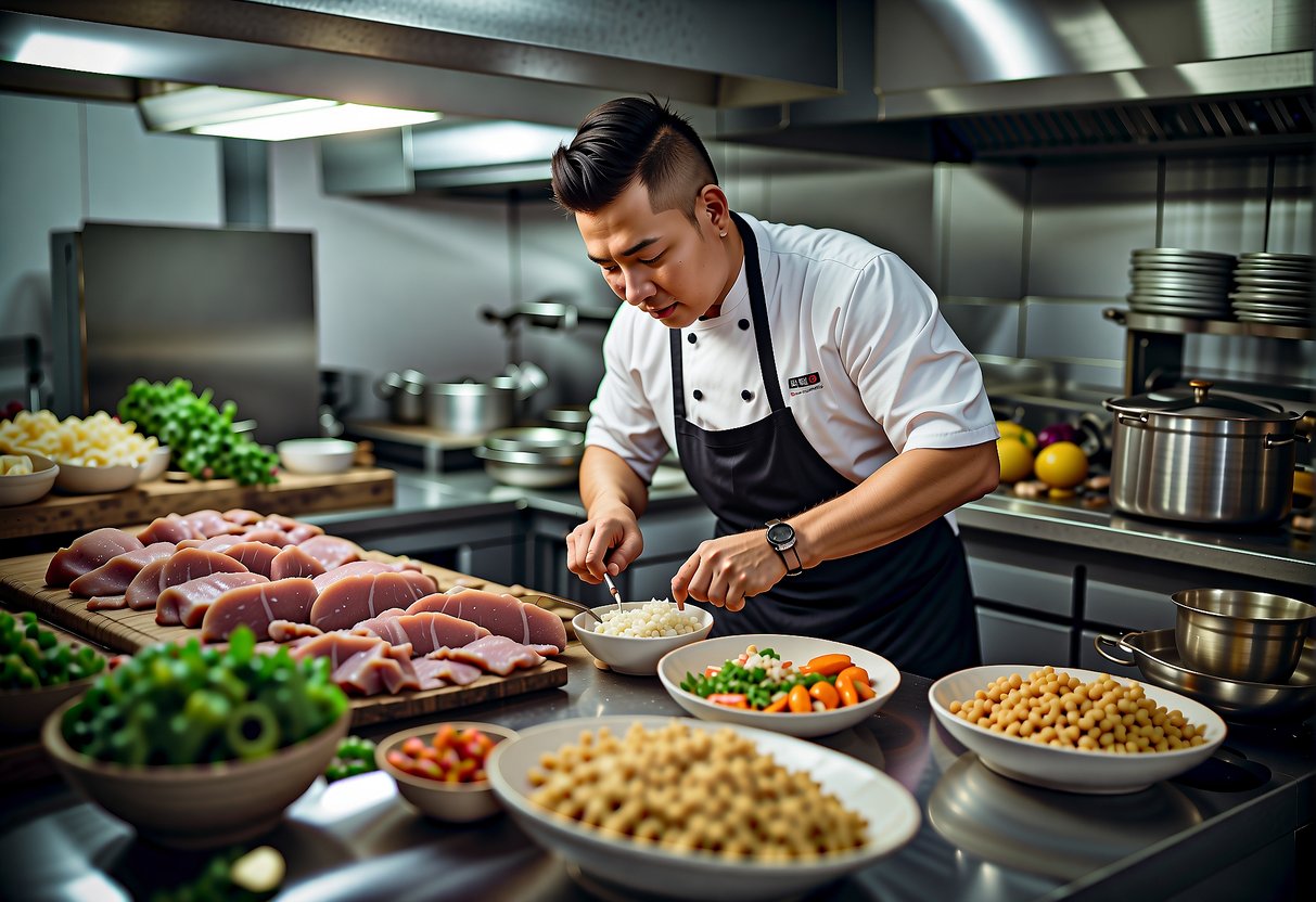 A chef prepares and stores various pork dishes, including lean meat and Chinese recipes, in a well-organized kitchen setting