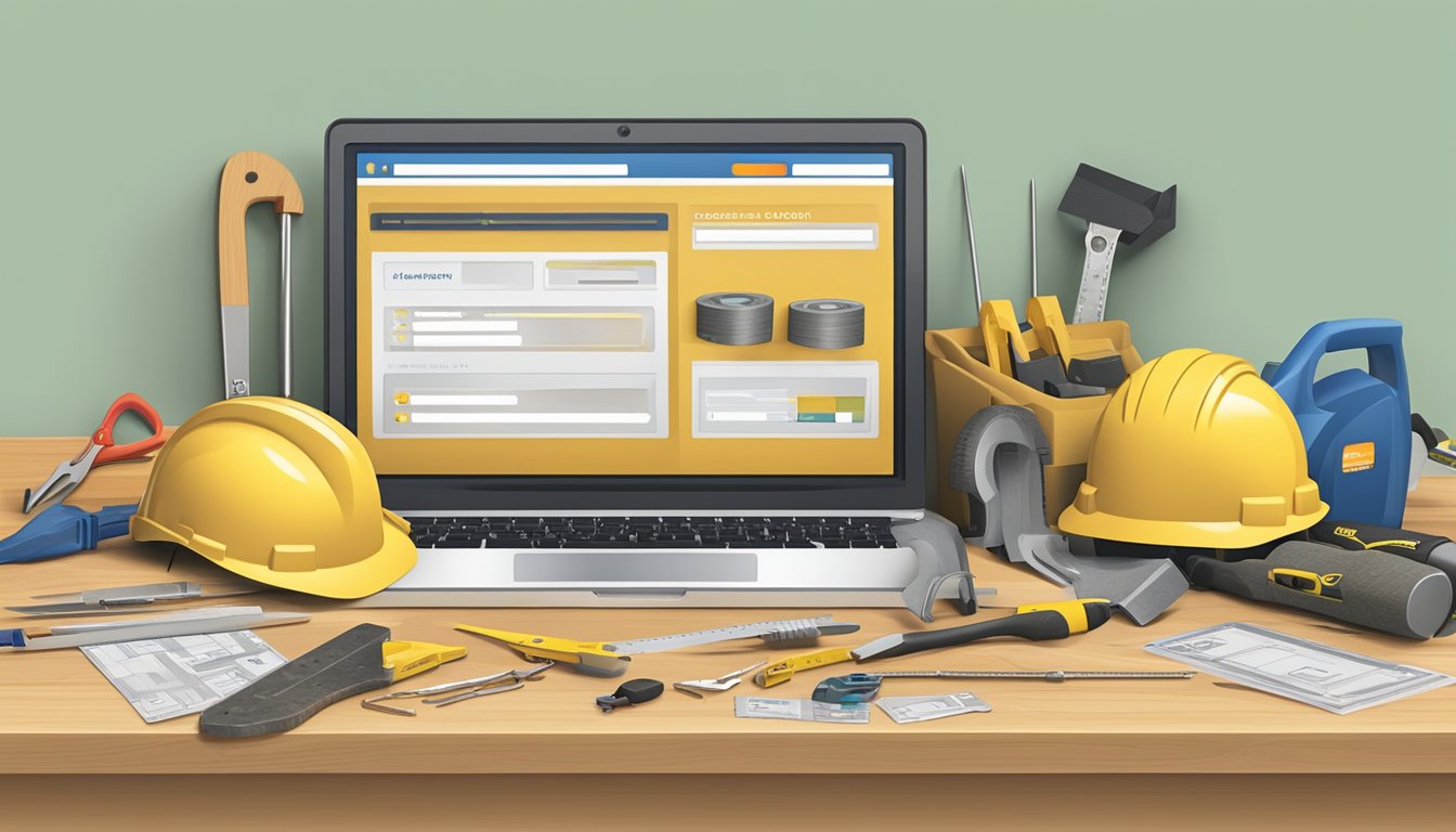 A computer screen displaying a website with a variety of building supplies such as lumber, nails, and tools. A credit card and a measuring tape lying nearby
