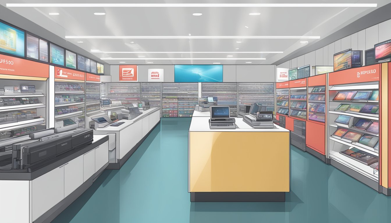 A bustling electronics store in Singapore showcases a display of Fujitsu scanners, with bright overhead lighting and a clean, modern aesthetic