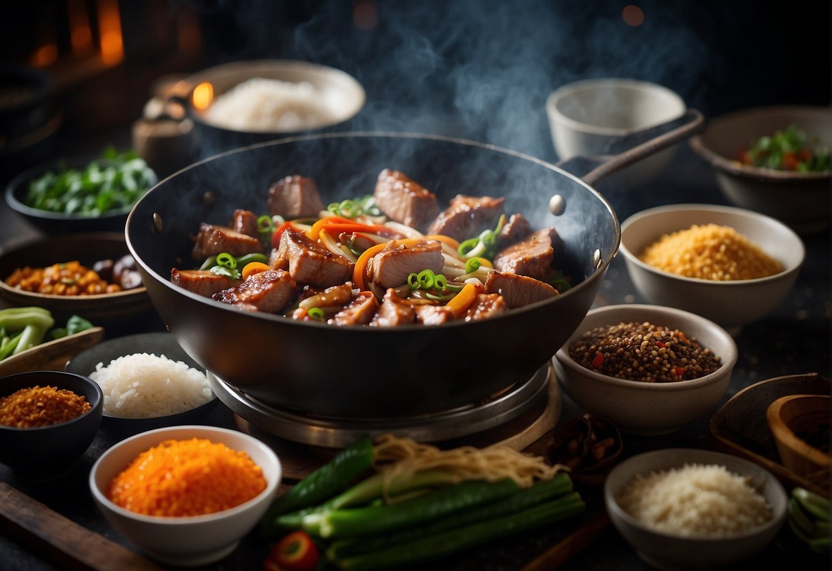 A sizzling wok stir-frying lean pork with Chinese spices, surrounded by various cooking utensils and ingredients