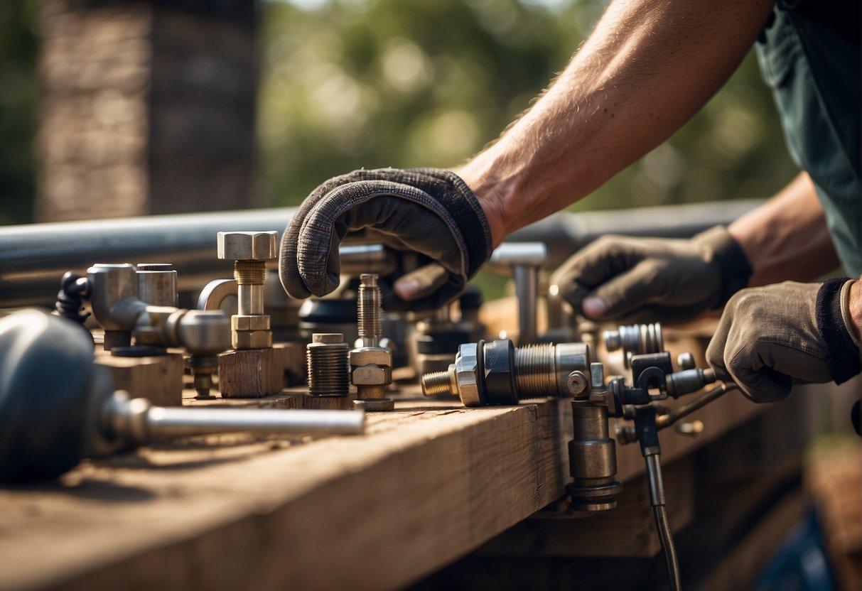 A plumber replacing an outdoor spigot, surrounded by tools and materials, with a cost comparison chart by region in the background