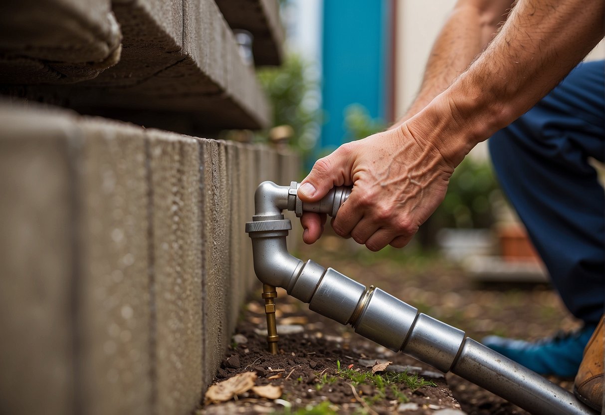 A plumber replaces an outdoor spigot, tools and materials scattered around. Different types of spigots are displayed for reference