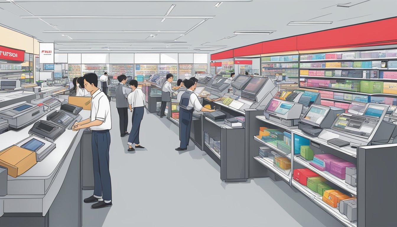 A bustling electronics store in Singapore showcases Fujitsu Scanners, with bright displays and helpful staff