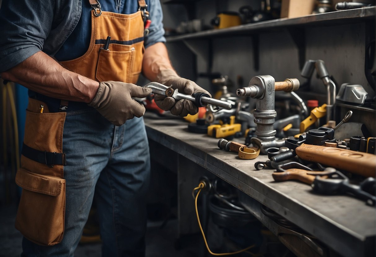 A plumber holds a wrench and a new outdoor spigot, ready to replace the old one. Various tools and materials are scattered around the work area