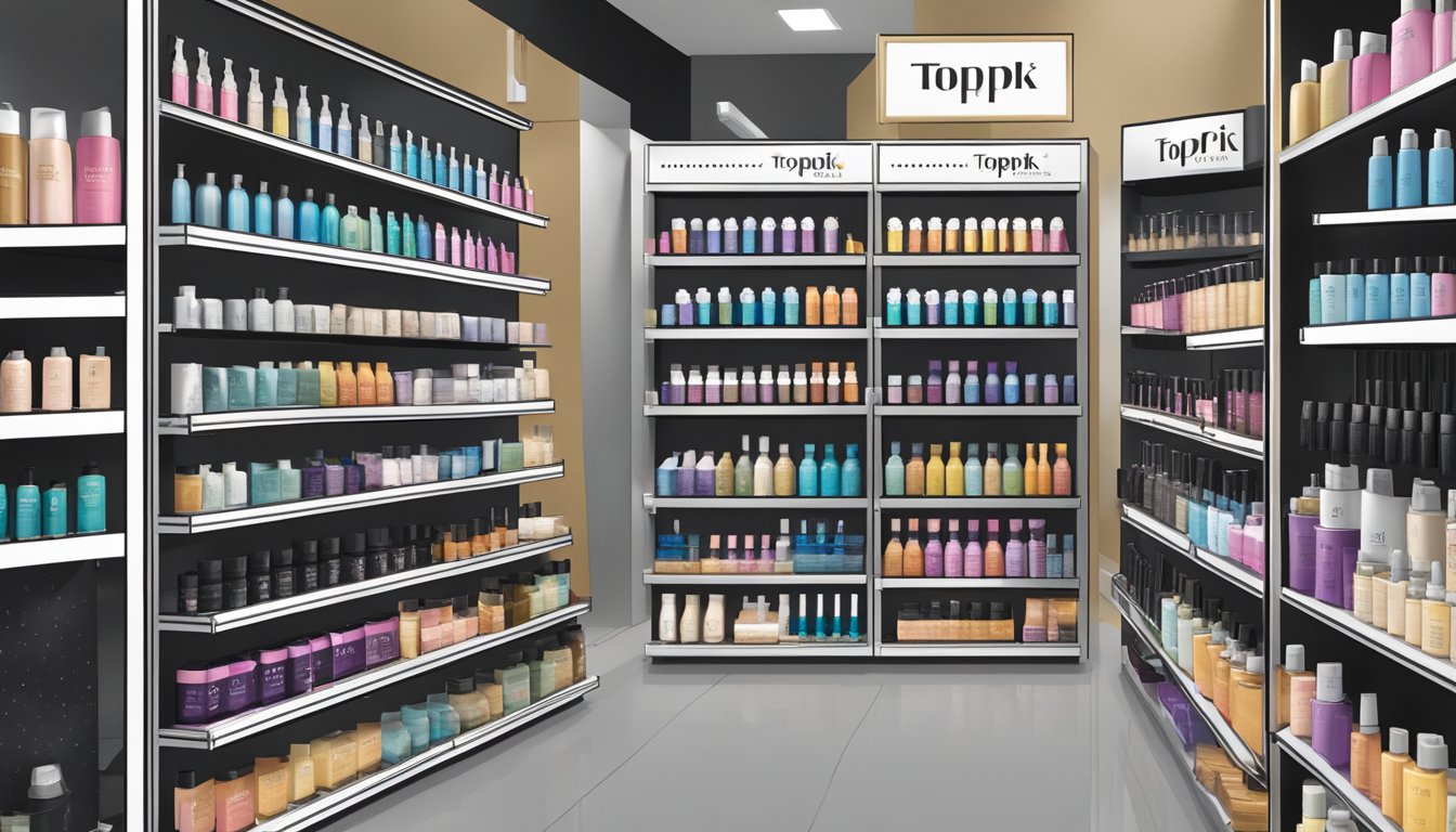 A display of Toppik Hair Solutions at a Singaporean store, with various products neatly arranged on shelves