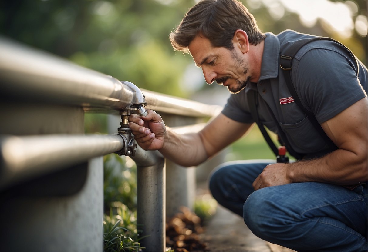 A plumber installs a new outdoor spigot, using a wrench and sealant