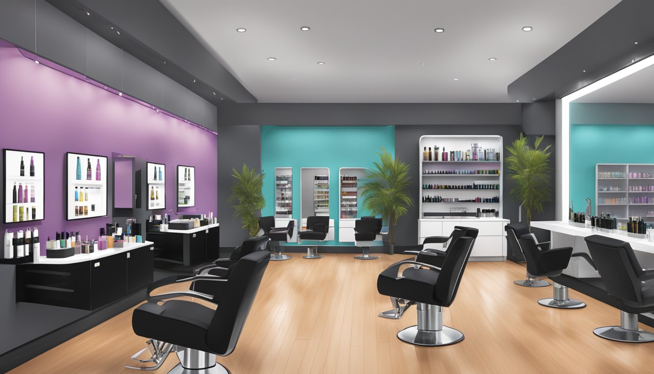 A sleek, modern salon with Toppik products displayed prominently. Stylish packaging and vibrant colors catch the eye. Customers browse and consult with knowledgeable staff