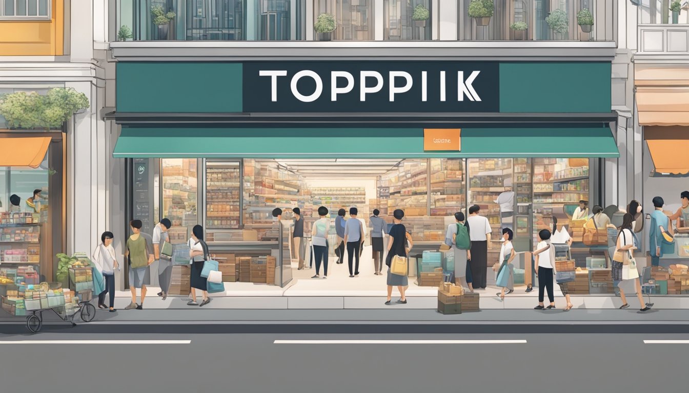 A bustling Singapore street with a prominent store sign for Toppik, surrounded by curious shoppers and a helpful salesperson