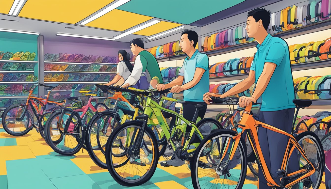Customers browsing colorful giant bikes in modern Singapore bike shops