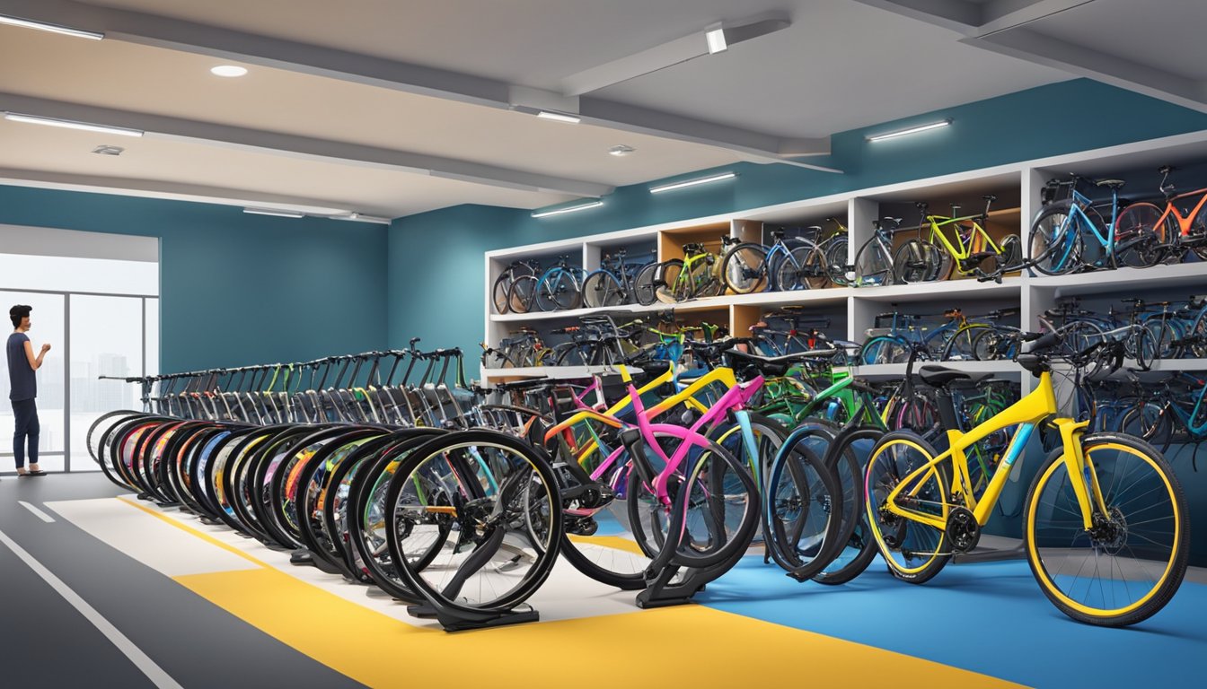 A colorful display of Giant bikes at a Singapore bike shop, with a variety of models and sizes to choose from