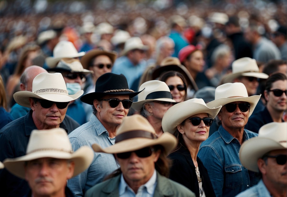 Crowd in cowboy hats, boots, and denim. Sunscreen, sunglasses, and hats. Masks and hand sanitizer. Chilly evening, blankets and jackets