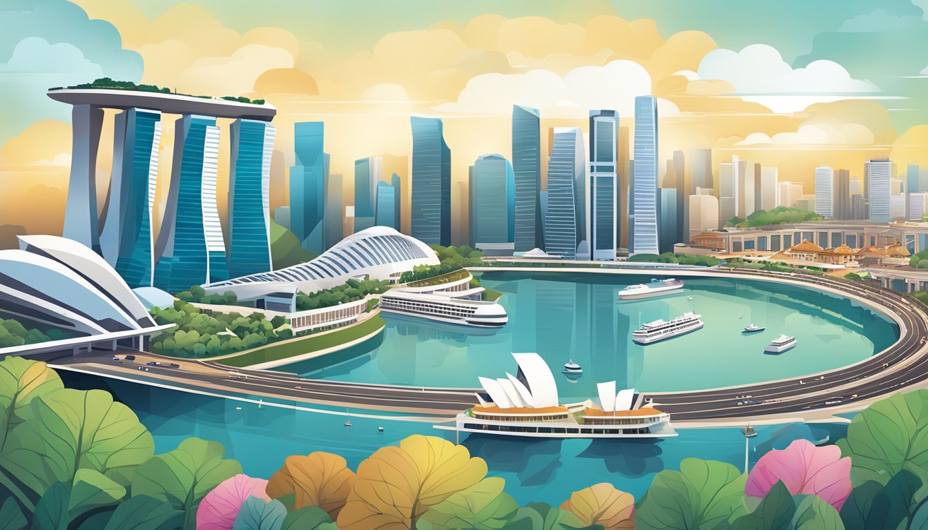 A vibrant cityscape with the iconic skyline of Singapore, featuring the famous Marina Bay Sands and the bustling streets filled with shops and attractions