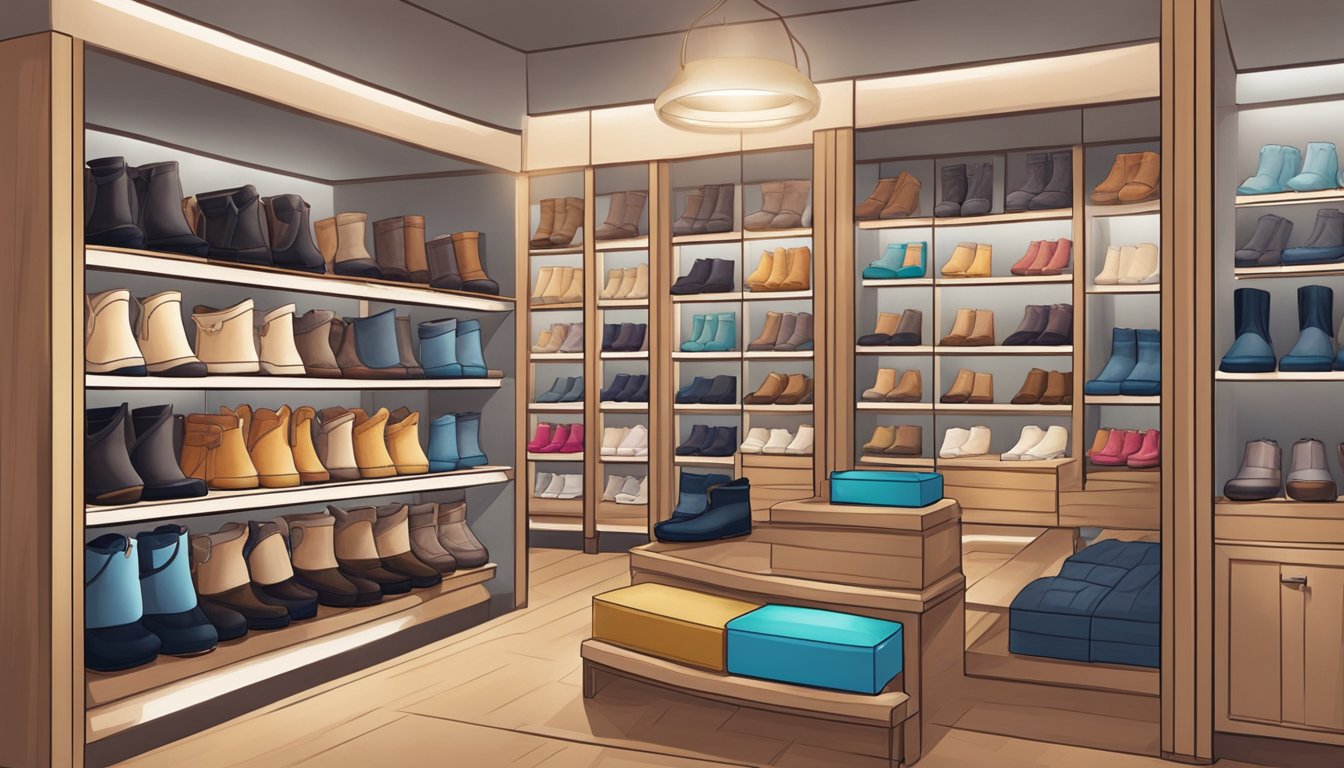 A cozy shoe store in Singapore displays a variety of Ugg boots in different colors and styles. Shelves are neatly organized with rows of boots, while soft lighting highlights the comfortable and stylish footwear