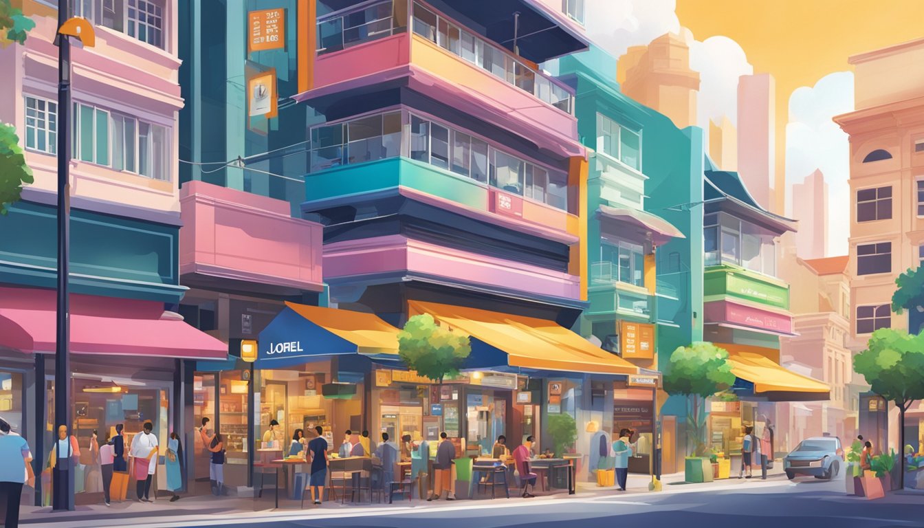 A vibrant cityscape of Singapore with prominent Lojel signage and storefront, bustling with activity