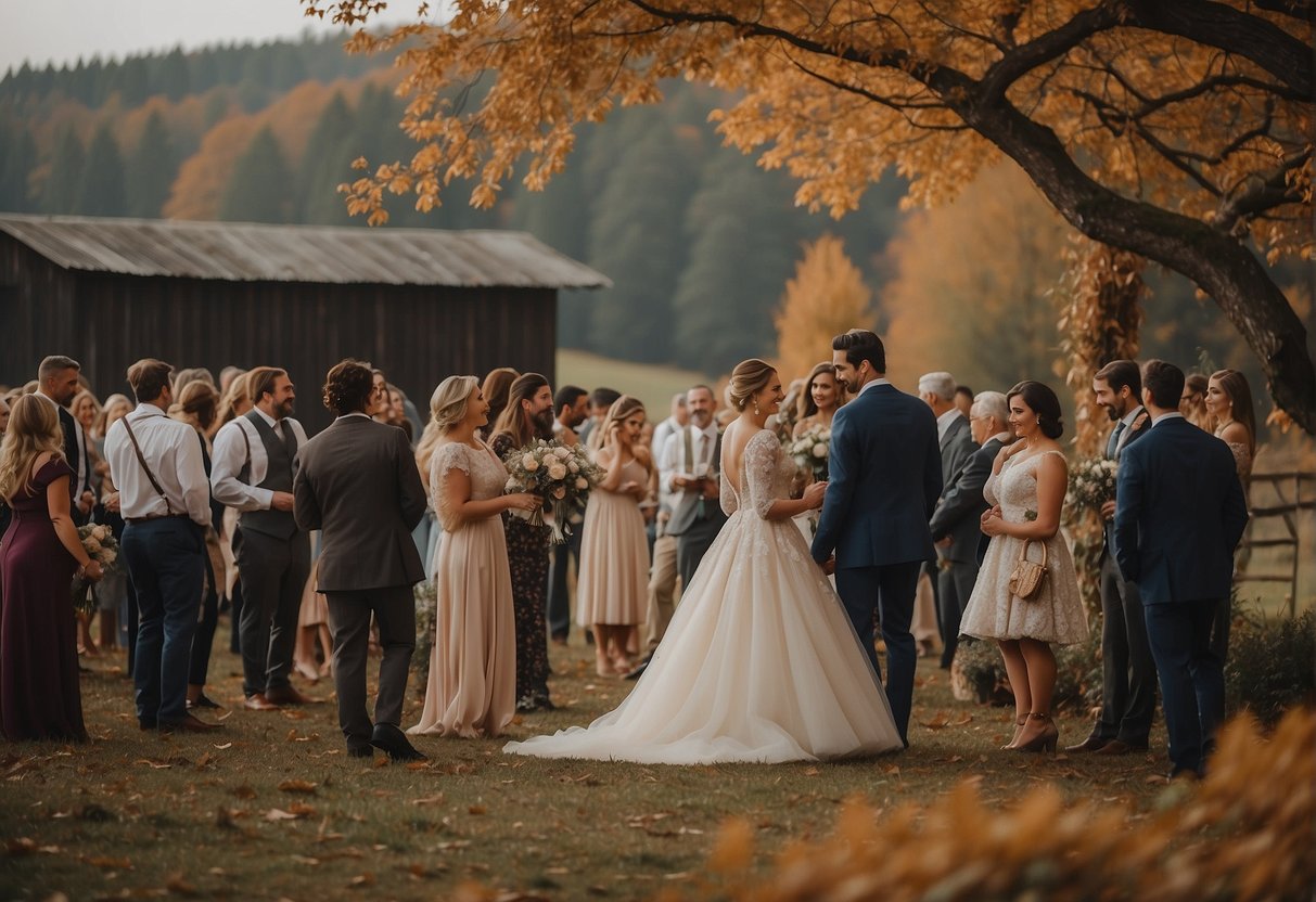 The scene shows a rustic farm setting in October, with guests dressed in elegant outdoor attire for a wedding