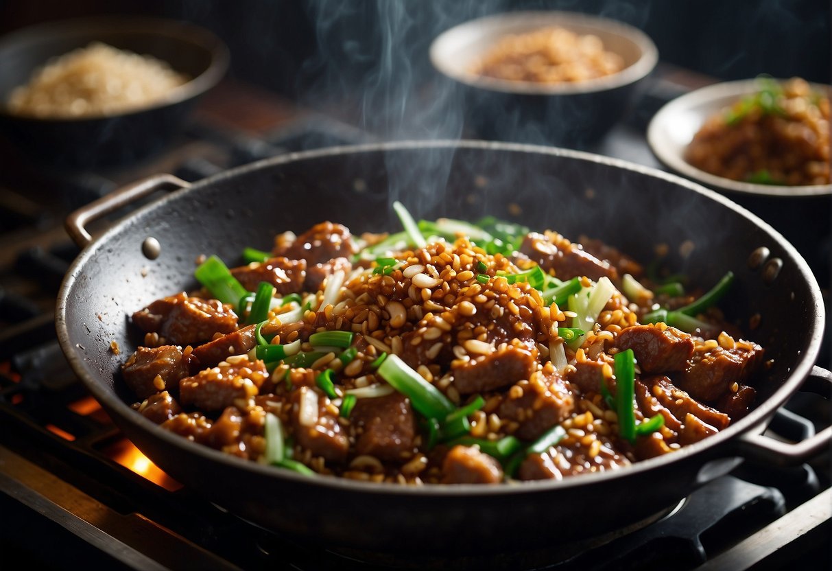 A wok sizzles as pork mince, garlic, and ginger are stir-fried with soy sauce, hoisin, and chili. Green onions and water chestnuts are added for crunch
