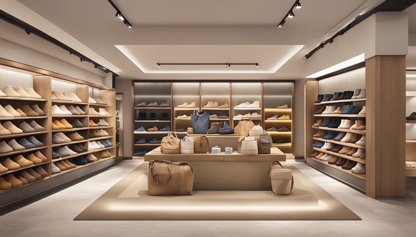 A display of UGG boots in a Singapore store, with various styles and colors arranged neatly on shelves. The store is well-lit and inviting, with a modern and stylish interior design
