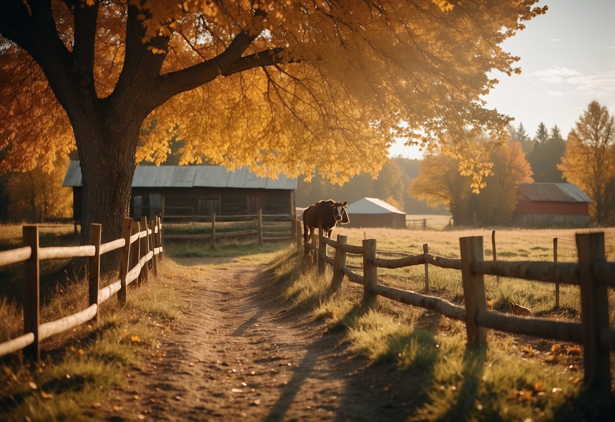 A sunny October day on a farm, with a slight chill in the air. Guests wear elegant, yet warm attire, such as long-sleeved dresses, suits, and cozy shawls. The landscape is filled with autumn colors and rustic charm