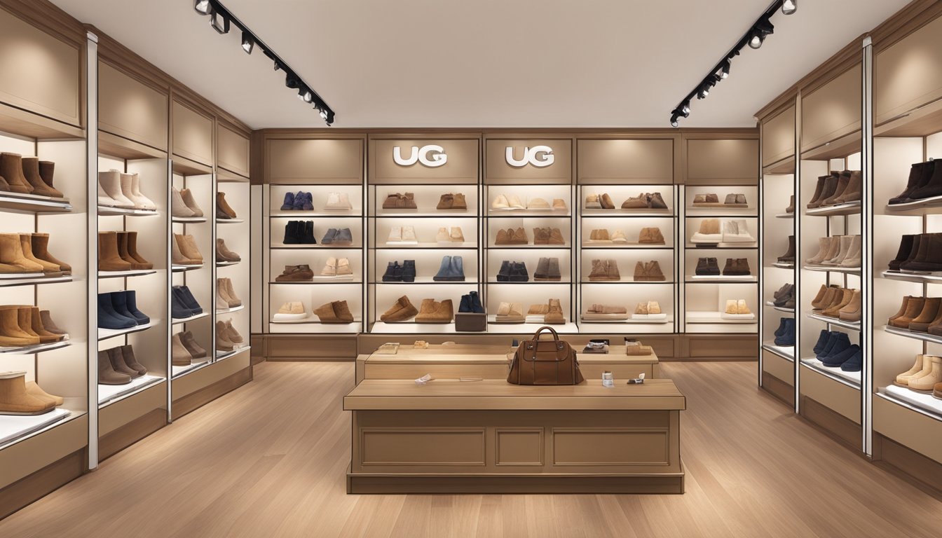 A display of UGG boots in a Singapore store, with shelves lined with various styles and sizes. The store is well-lit and inviting, with a clean and organized layout
