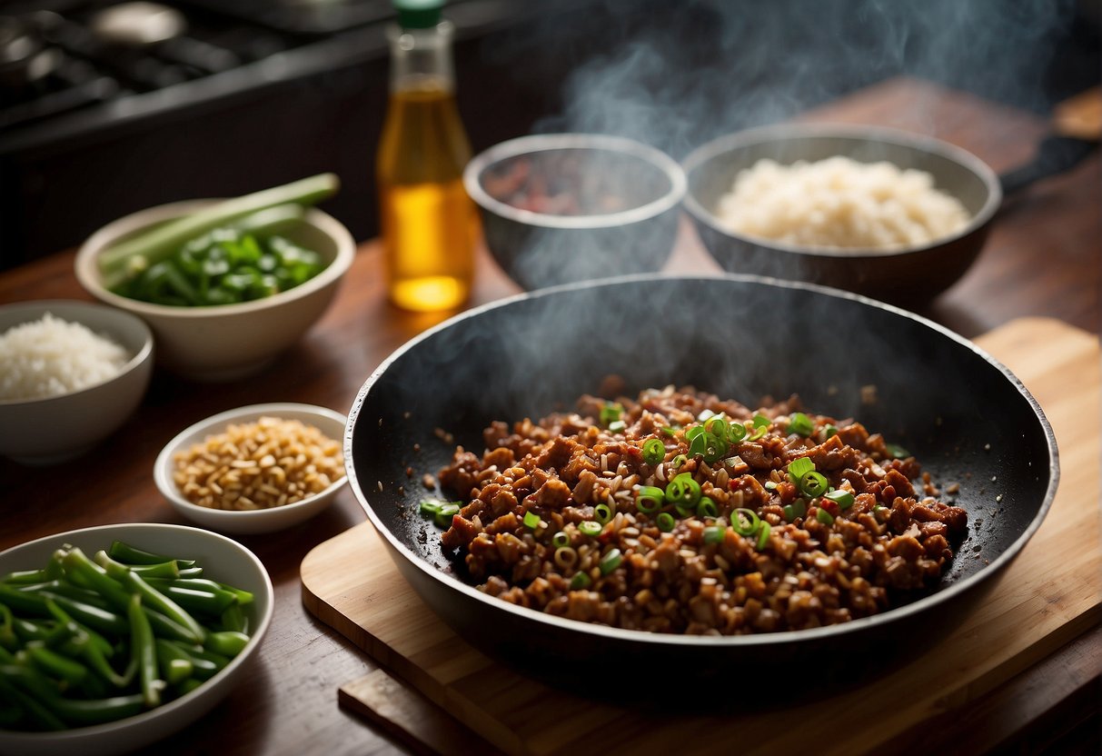 A wok sizzles with minced pork, ginger, garlic, and soy sauce. Green onions and chili peppers wait on the cutting board