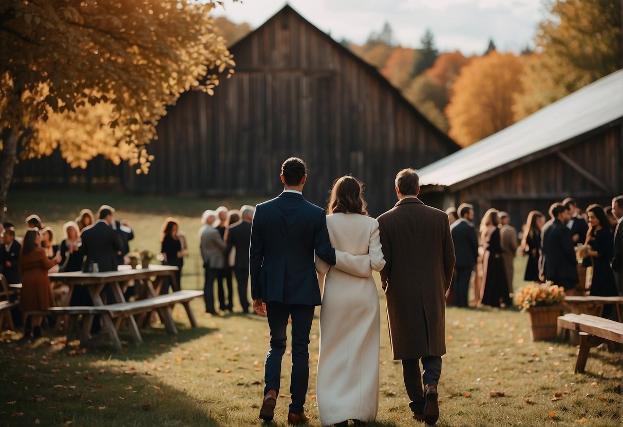 Guests in cozy, elegant attire mingle on a rustic farm, surrounded by autumn foliage and a picturesque barn