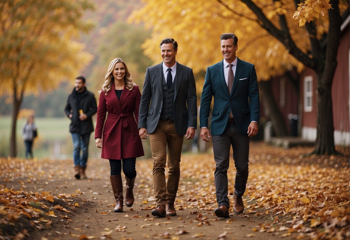 Guests in formal attire walk on a dirt path among colorful autumn leaves and rustic farm buildings. They wear stylish boots and closed-toe shoes suitable for the outdoor setting