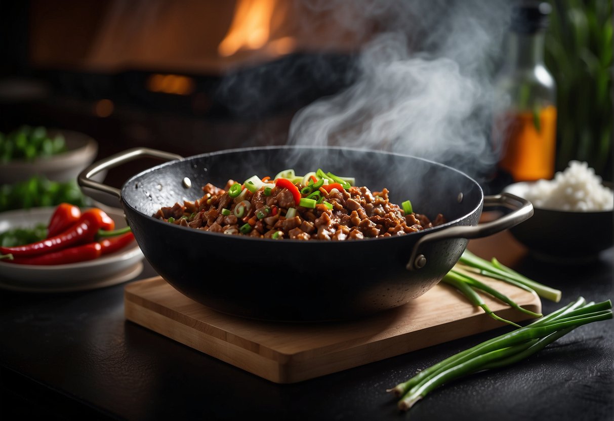A wok sizzling with pork mince, garlic, and ginger. Soy sauce and hoisin added, creating a savory aroma. Green onions and chili peppers ready to be tossed in