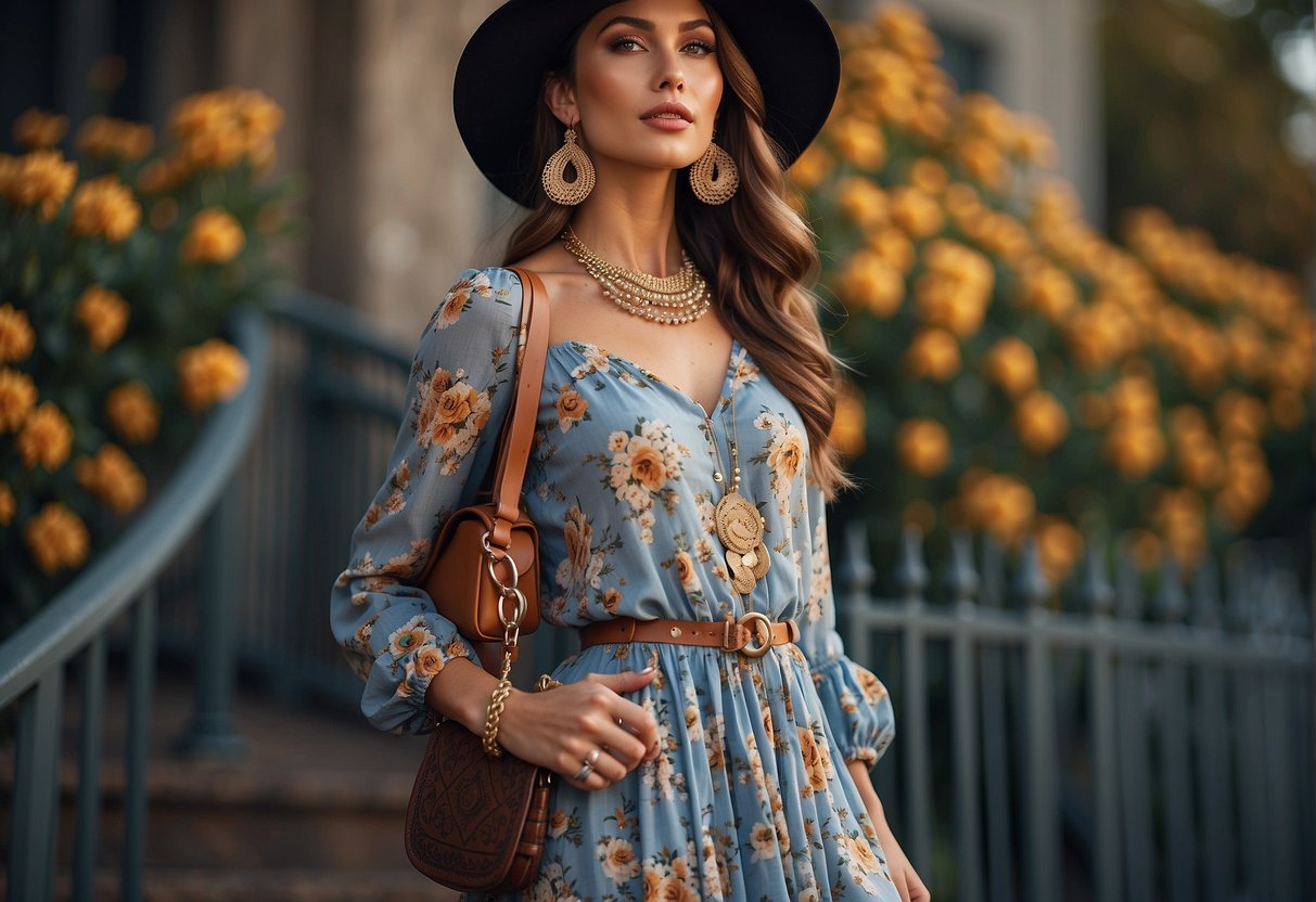 A woman's outfit with a long-sleeved floral dress, a cozy shawl, ankle boots, and a wide-brimmed hat, accessorized with a statement necklace and a small clutch