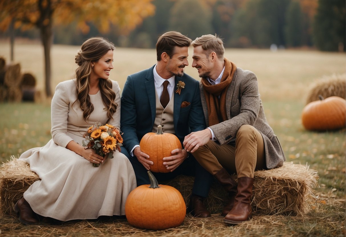 Rustic outdoor wedding scene in October on a farm with fall foliage, hay bales, and guests in cozy fabrics like tweed, wool, and velvet