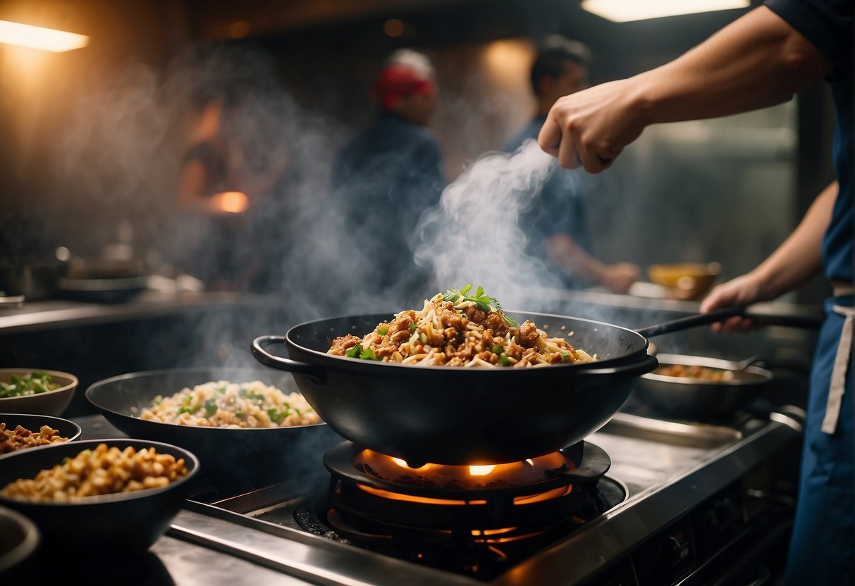 A sizzling wok tosses pork mince with garlic, ginger, and soy sauce, creating a savory aroma in a bustling Chinese kitchen