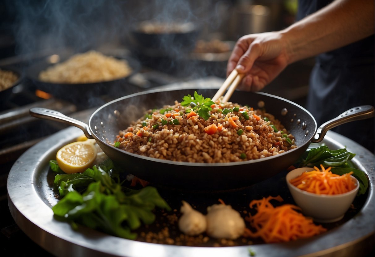 Pork mince sizzling in a wok, surrounded by vibrant Chinese ingredients like ginger, garlic, and soy sauce. A chef's hand adjusts the seasoning, adding a personal touch to the traditional recipe