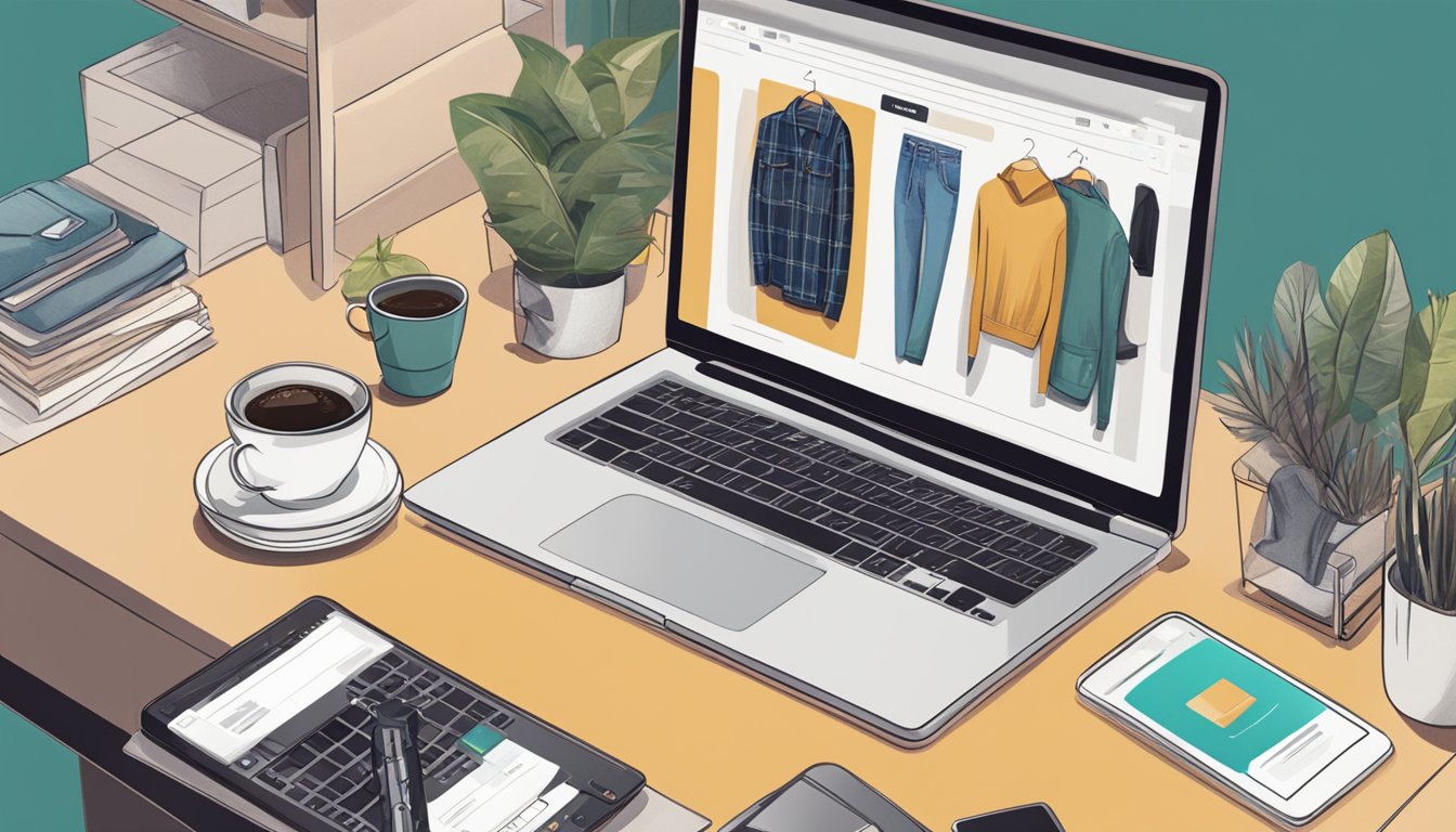 A laptop open on a desk, with a variety of stylish clothing displayed on the screen. A cup of coffee sits nearby as the user browses through different online clothing stores