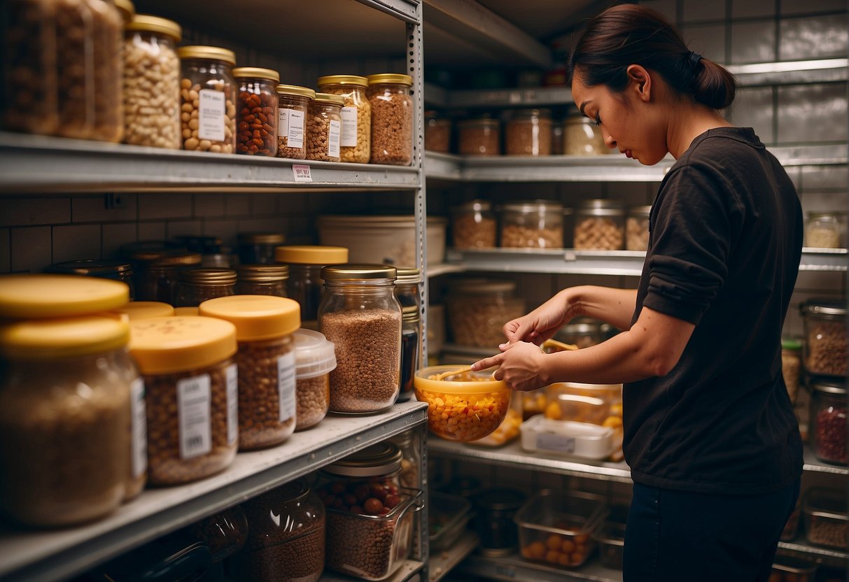 A person organizing pork mince and Chinese ingredients in a well-stocked pantry, with labeled containers and neatly arranged shelves for easy access