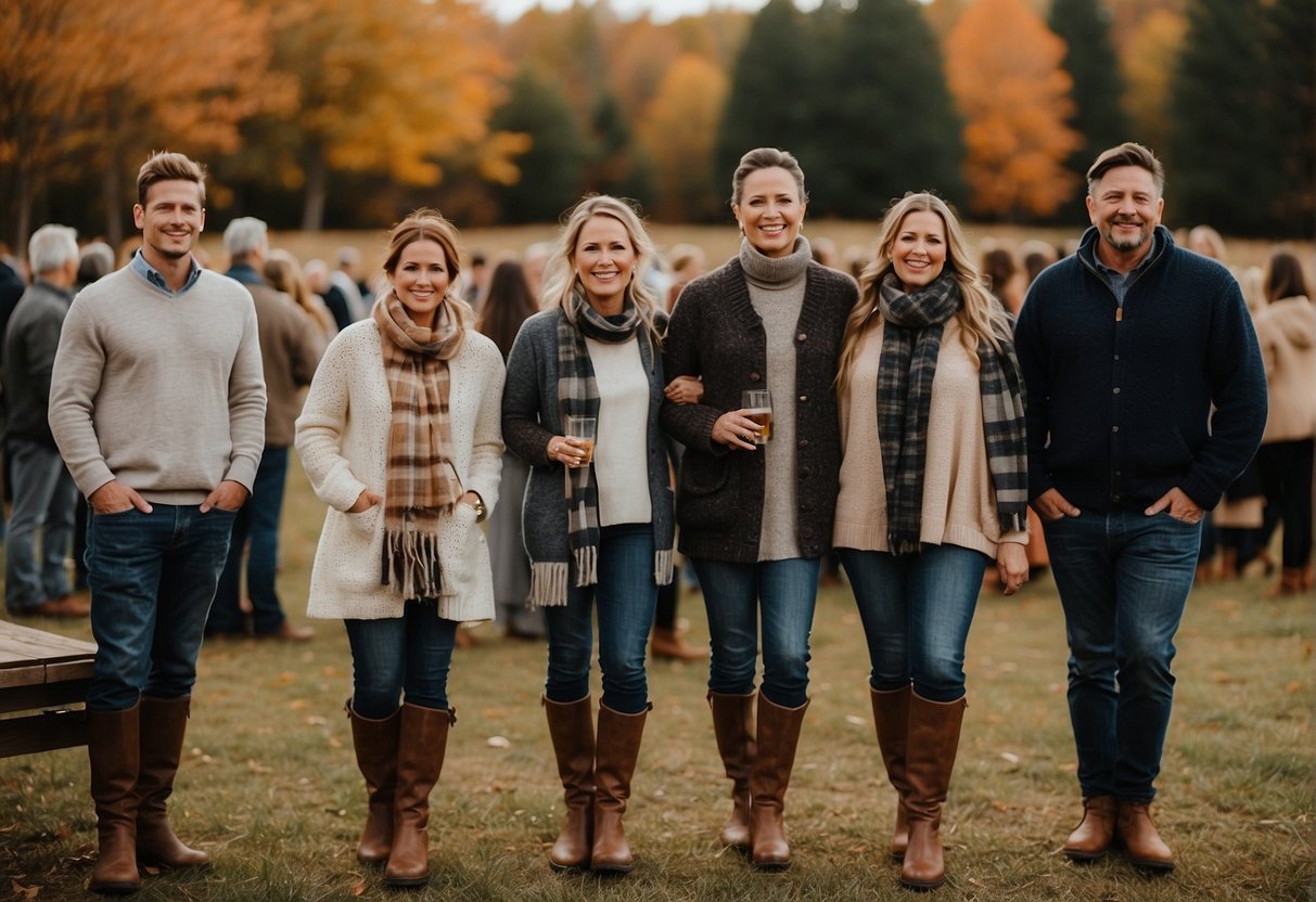 Guests in cozy layers at an outdoor farm wedding in October. Sweaters, scarves, and boots. Rustic setting with fall foliage