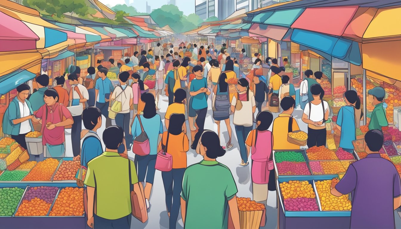 A vibrant, bustling marketplace in Singapore, with colorful displays of Goli Gummies at various vendor stalls. Customers eagerly purchasing the popular product